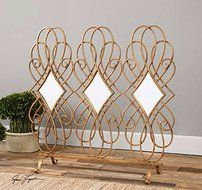 Curved Metal Decorative Mirrored Fireplace Screen Antiqued Gold