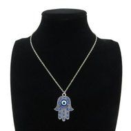 9-3 18" Silver Chain Collar Necklace Blue Rhinestone Evil Eye Hamsa Hand Pendant