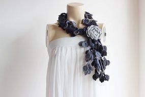 Grey Rose Scarf-leaves Necklace Scarf-necklace Lariat Scarf-shades of Grey Scarf-vegan Scarf
