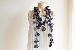 Grey Rose Scarf-leaves Necklace Scarf-necklace Lariat Scarf-shades of Grey Scarf-vegan Scarf N2