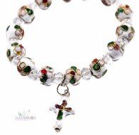 Flowers Beads White Color Bracelet With Crystals &amp; Cross Stretchable Jerusalem