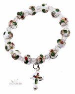 Flowers Beads White Color Bracelet With Crystals &amp; Cross Stretchable Jerusalem N2