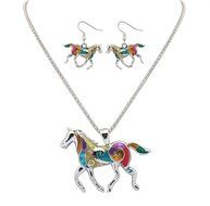 MENGDA Women Jewelry Oil Drip Rainbow Horse Pendant Necklace Earrings Set (WHITE) N4