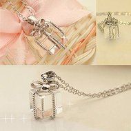 Fashion Women Box Bow Charm Pendant Long Chain Silver Plated Statement Necklace N2