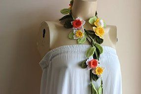 Crochet Lariat Scarf- Flower Lariat Scarf- Jewelry Scarf-yellow,white ,Orange Daffodil/jonquil/narcissus Scarf-christmas... N2