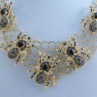 Halloween Insect 5 Spider Necklace Earrings Set Black Rhinestone Crystal Gold