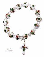 Flowers Beads White Color Bracelet With Crystals &amp; Cross Stretchable Jerusalem N3