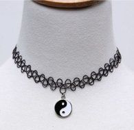 Black Tattoo Choker Stretch Henna Vintage Elastic Necklace with Yin Yang Charm N2