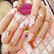 Spritech(TM) 24 Pre Design Elegant Flower Bling Rhinestone Fake Nail Piece for Bride Salon Laday Daily Use N46