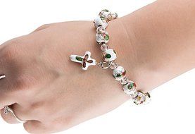 Flowers Beads White Color Bracelet With Crystals &amp; Cross Stretchable Jerusalem N4