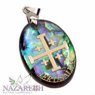 Jerusalem Cross Abalone Shell Pendant Pearl Golden Cross Holy Land Amulet 1.2" N4
