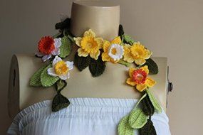 Crochet Lariat Scarf- Flower Lariat Scarf- Jewelry Scarf-yellow,white ,Orange Daffodil/jonquil/narcissus Scarf-christmas... N4