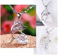 New Fashion Jewelry Womens 925 Sterling Silver Dolphins Crystal Necklace Pendant N7