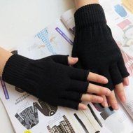 Black Warm Half Finger Knitted Stretch Elastic Men Fingerless Gloves for Winter N4