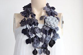 Grey Rose Scarf-leaves Necklace Scarf-necklace Lariat Scarf-shades of Grey Scarf-vegan Scarf N3