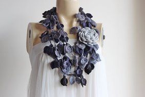 Grey Rose Scarf-leaves Necklace Scarf-necklace Lariat Scarf-shades of Grey Scarf-vegan Scarf N4