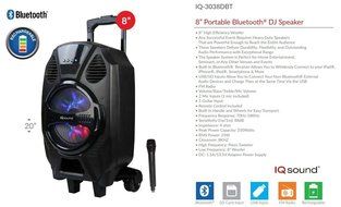 SuperSonic IQsound Wireless Bluetooth Portable DJ Speaker System, 8-Inch High Efficiency Woofer with LED Lights