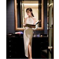 EVTECH(TM) Summer women's Slim Sleeveless Twisted Front Halter Top Strapless Ladies Long dress - White/L N4