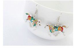 MENGDA Women Jewelry Oil Drip Rainbow Horse Pendant Necklace Earrings Set (WHITE) N7