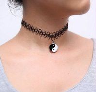 Black Tattoo Choker Stretch Henna Vintage Elastic Necklace with Yin Yang Charm N4