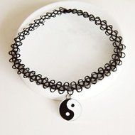 Black Tattoo Choker Stretch Henna Vintage Elastic Necklace with Yin Yang Charm N5