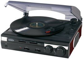 Jensen JTA-230SE 3-Speed Stereo Turntable with Built-in Speakers and Speed Adjustment, Mahagony