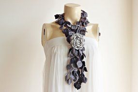Grey Rose Scarf-leaves Necklace Scarf-necklace Lariat Scarf-shades of Grey Scarf-vegan Scarf N5