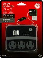GE 14512 Surge Tap, 3 Outlets, 450J, USB, 2 Ports, 1.0A, White
