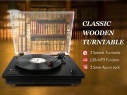 1byone Belt Driven Bluetooth Turntable with Built-in Stereo Speaker, Vintage Style Record Player, Vinyl-To-MP3... N12