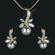 Rhinestone Dragonfly Gray Pearl Jewelry Set Necklace Earring Stylish Women Gold N2