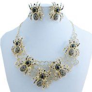 Halloween Insect 5 Spider Necklace Earrings Set Black Rhinestone Crystal Gold N4