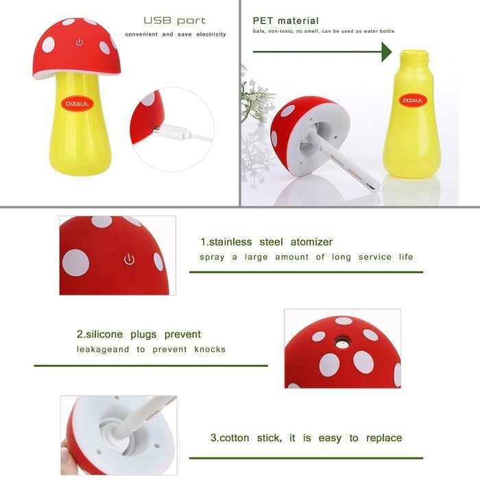 Ultrasonic Cool Mist Humidifier,Dizaul Mushroom Humidifier 200ml for skin moisturing,stealth mask with No Noise... N20