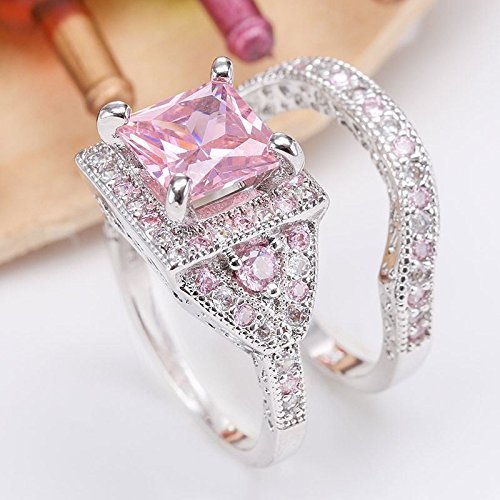 Women Jewelry 925 Silver Princess Cut Pink Gemstone Wedding Ring Set Deluxe New (10) N2