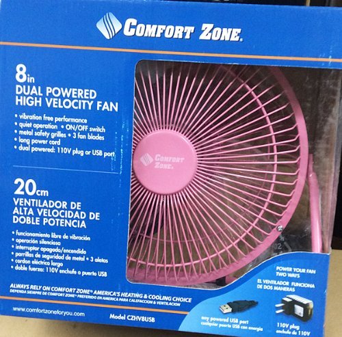 CZHV8USB Pink Comfort Zone 8" Inch DUAL POWERED HIGH VELOCITY Fan Vibration FREE Quiet Operation Cooling Air