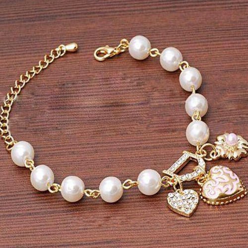Hot Sale Women Girl Gold Metal Heart Pearl Charm Chain Bracelet Jewelry Gift N3