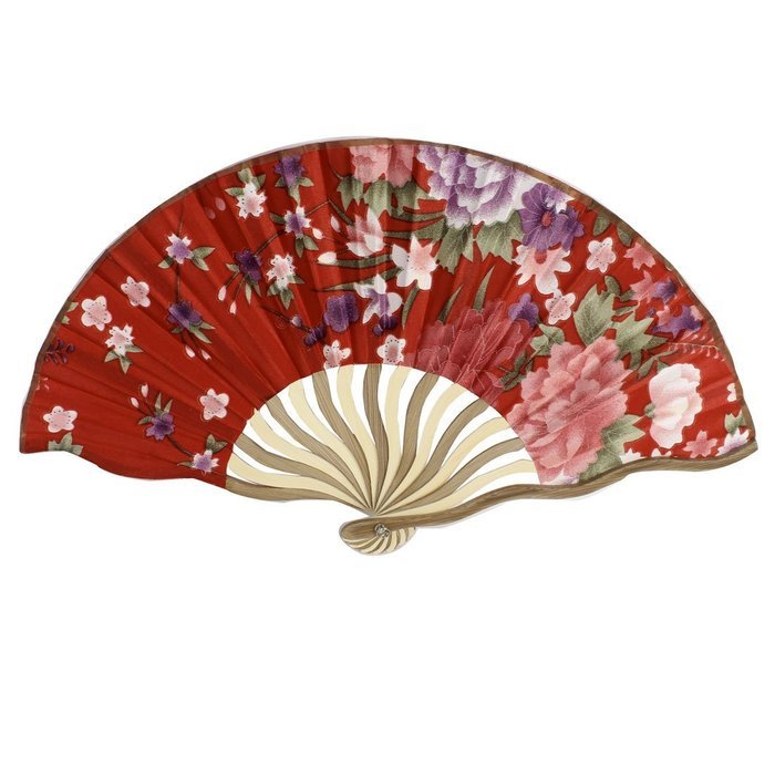 Rose Flower Pattern Wooden Bent Rib Folding Hand Fan Multicolor