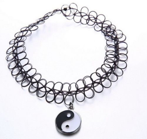 Black Tattoo Choker Stretch Henna Vintage Elastic Necklace with Yin Yang Charm