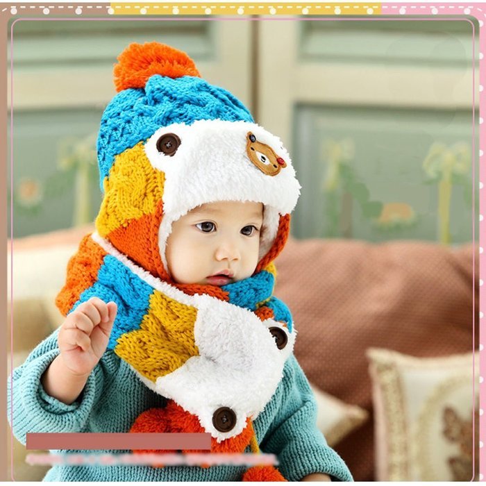 Baby Toddler Winter Beanie Warm Hat Hooded Scarf Earflap Knitted Cap Girls Boys N19
