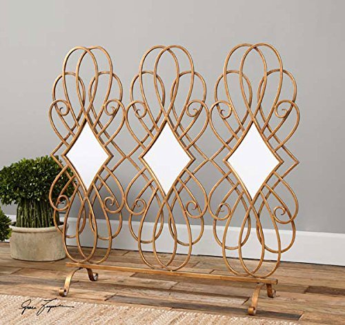 Curved Metal Decorative Mirrored Fireplace Screen Antiqued Gold