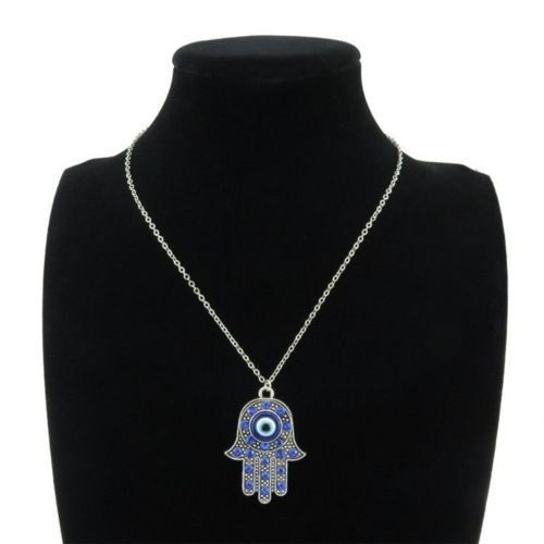 9-3 18" Silver Chain Collar Necklace Blue Rhinestone Evil Eye Hamsa Hand Pendant