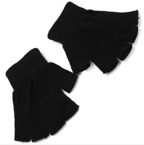 Black Warm Half Finger Knitted Stretch Elastic Men Fingerless Gloves for Winter N2