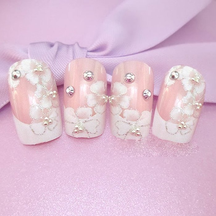 Spritech(TM) 24 Pre Design Elegant Flower Bling Rhinestone Fake Nail Piece for Bride Salon Laday Daily Use N23