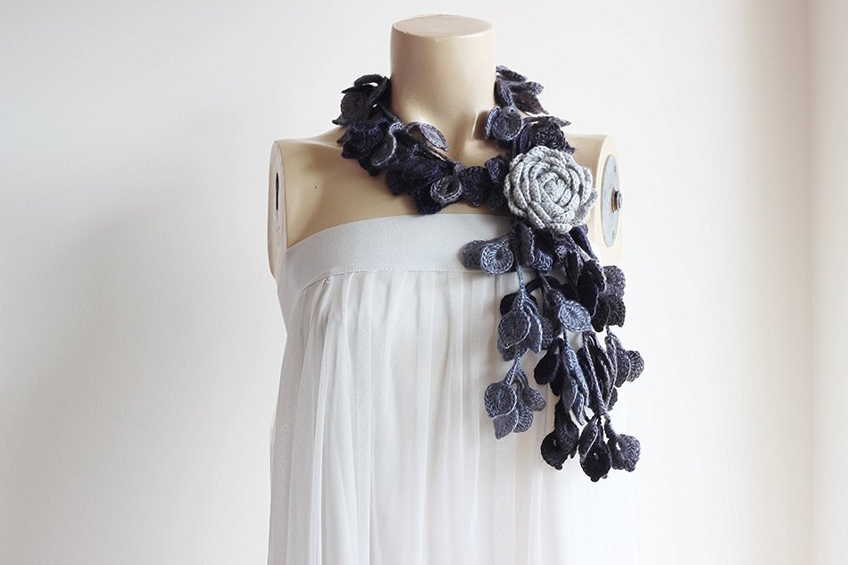 Grey Rose Scarf-leaves Necklace Scarf-necklace Lariat Scarf-shades of Grey Scarf-vegan Scarf