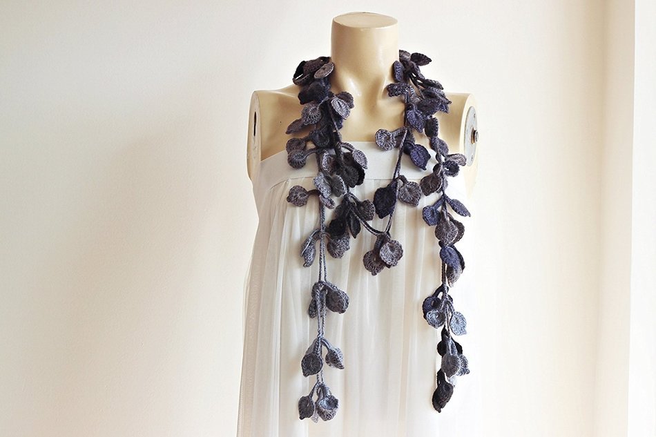 Grey Rose Scarf-leaves Necklace Scarf-necklace Lariat Scarf-shades of Grey Scarf-vegan Scarf N2