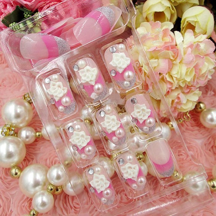 Spritech(TM) 24 Pre Design Elegant Flower Bling Rhinestone Fake Nail Piece for Bride Salon Laday Daily Use N24