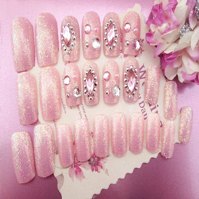 Spritech(TM) 24 Pre Design Elegant Flower Bling Rhinestone Fake Nail Piece for Bride Salon Laday Daily Use N26