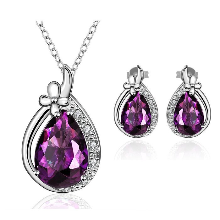 Yaheeda Water droplets-Shaped Silver Chain Purple Cubic Zirconia Platinum Plated Wedding Necklace Earrings Set...