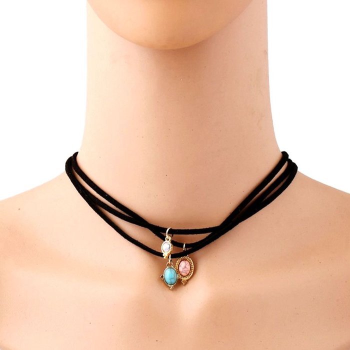 Women Black Multi-Chain Gem Pendant Choker Collar Bib Necklace Statement Jewelry