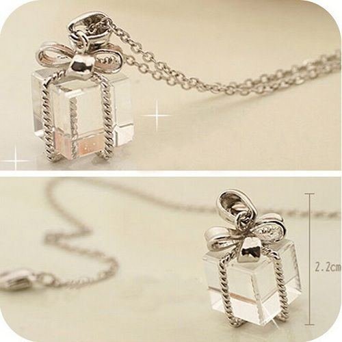 Fashion Women Box Bow Charm Pendant Long Chain Silver Plated Statement Necklace