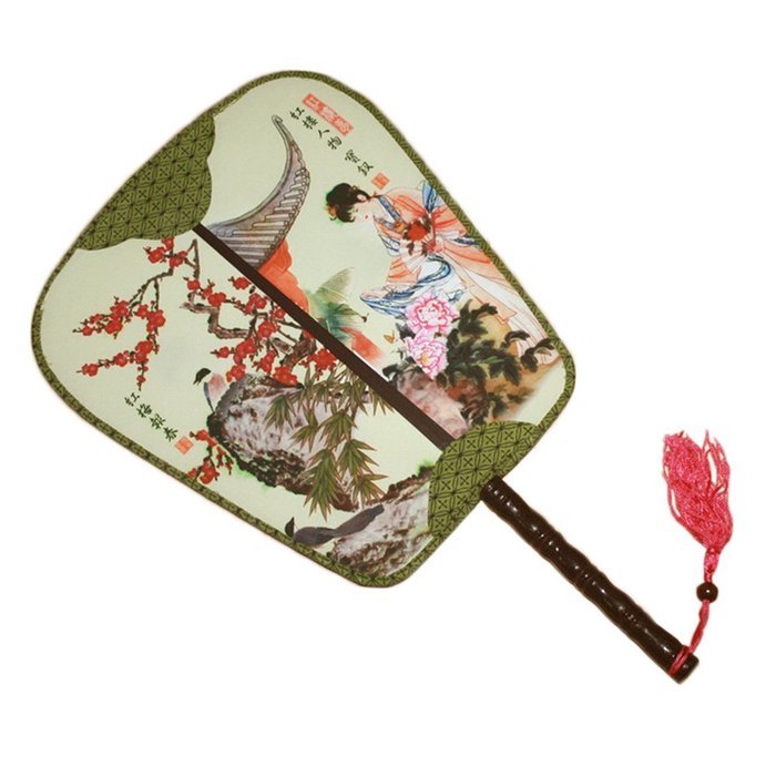 Elegant Silk Fabric Hand Fan Chinese Fan Print Decor Wood Handle, A